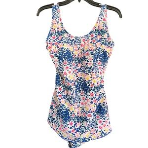 EUC Shore Shapes Floral Skirted One Piece Modest size 14 Pink White Blue